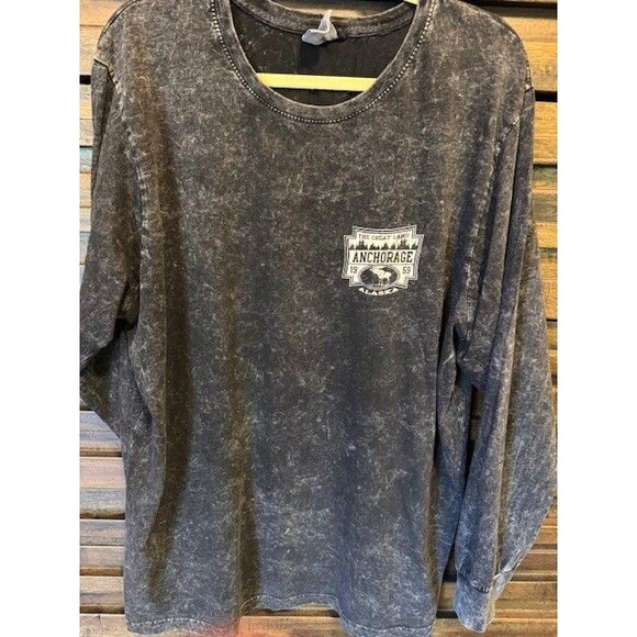 Great Land Anchorage Alaska Long Sleeve T Shirt US Vintage Black Bleach Dye XL - Picture 3 of 9